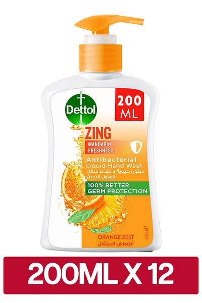 Dettol Zing Mandarin Freshness Liquid Handwash, Orange Zest Scent, 200ml x 12