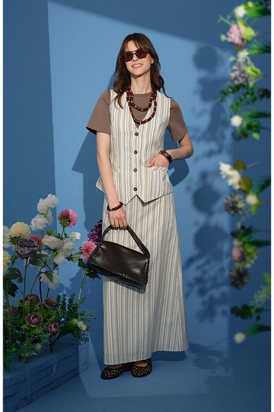Fatma Atasoy Striped Brown Vest Skirt Suit
