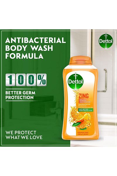 Dettol Zing Antibacterial Bodywash, 100% Better Germ Protection, Orange Zest, (500ml + 250ml) x2