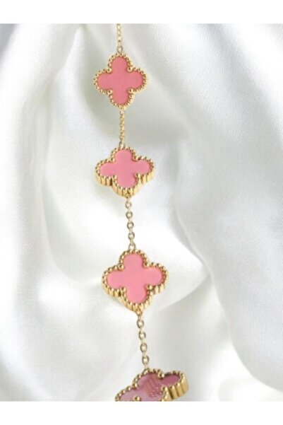 Merand Gold Pink Colored 5-Piece Double-Sided Clover Steel Chain Bracelet