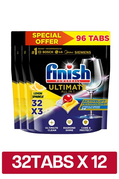 Finish Powerball Ultimate Dishwasher Detergent, Lemon Sparkle Scent, 32 Tabs x 12