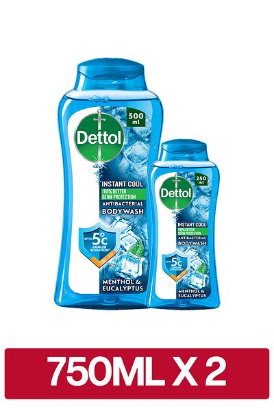 Dettol Cool Shower Gel & Body Wash, Menthol & Eucalyptus Scent, (500ml + 250ml) x2