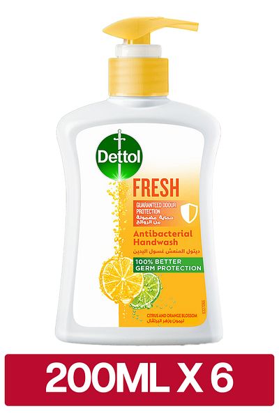 Dettol Fresh Handwash Liquid Soap Pump for Effective Protection &Hygiene, Citrus &Orange Blossom, 200ml x6