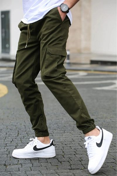 VIKUNYA Ανδρικό Jogger Khaki Cargo Gabardine Cargo παντελόνι με τσέπες με ελαστική μέση και πόδια