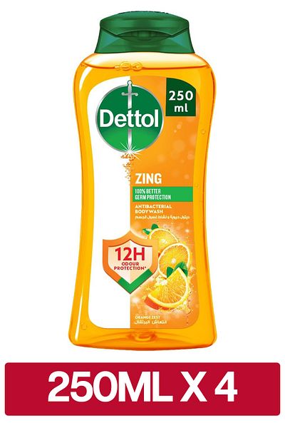 Dettol Zing Antibacterial Bodywash Orange Zest Scent, 250ml x4