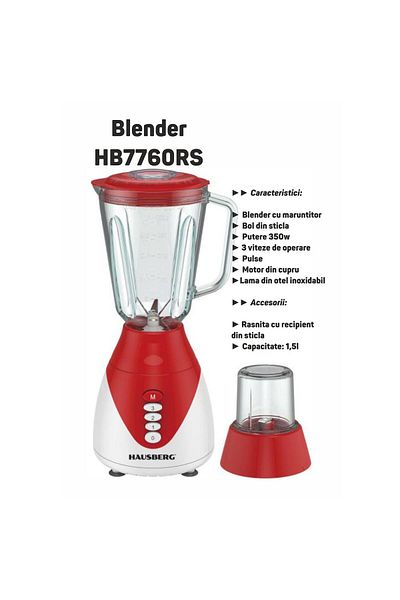 Hausberg Mixér HB-7760RS, 300 W, 1,5 l, 3 rychlosti, pulzní funkce, drcení ledu, 4 odnímatelné nože, červený
