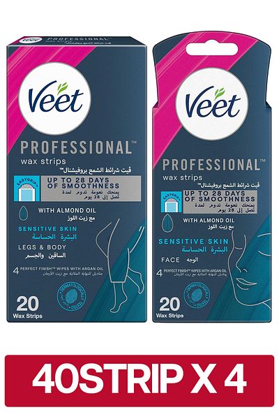 Veet Hair Removal Easy-Gel Legs & Body, 20 Strips + Face Wax Strips for Sensitive Skin, 20 Strips x4