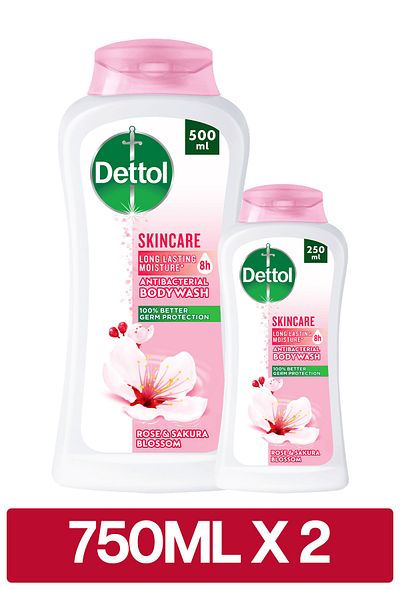 Dettol Skincare Shower Gel & Body Wash, Rose & Sakura Blossom Scent, (250ml + 500ml) x2