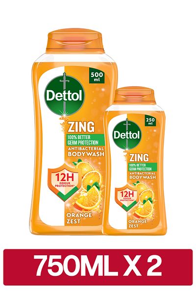 Dettol Zing Antibacterial Bodywash, 100% Better Germ Protection, Orange Zest, (500ml + 250ml) x2