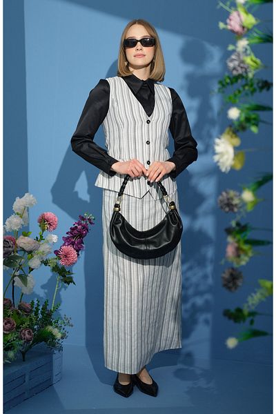 Fatma Atasoy Striped Gray Vest Skirt Suit