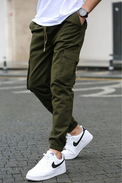 VIKUNYA Ανδρικό Jogger Khaki Cargo Gabardine Cargo παντελόνι με τσέπες με ελαστική μέση και πόδια