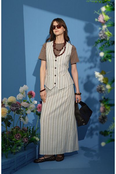 Fatma Atasoy Striped Brown Vest Skirt Suit