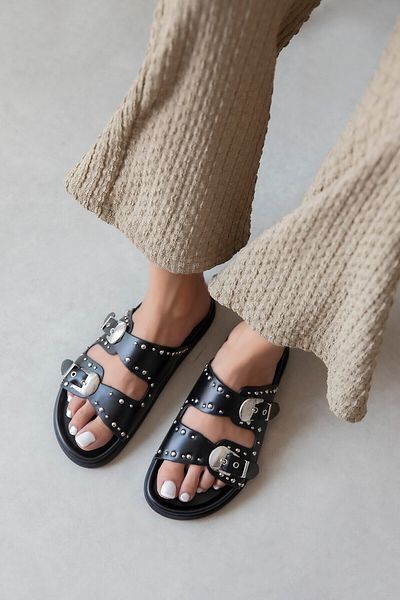 STRASWANS Gavi Women's Drop Detail Daily Comfort Leather Slippers Black