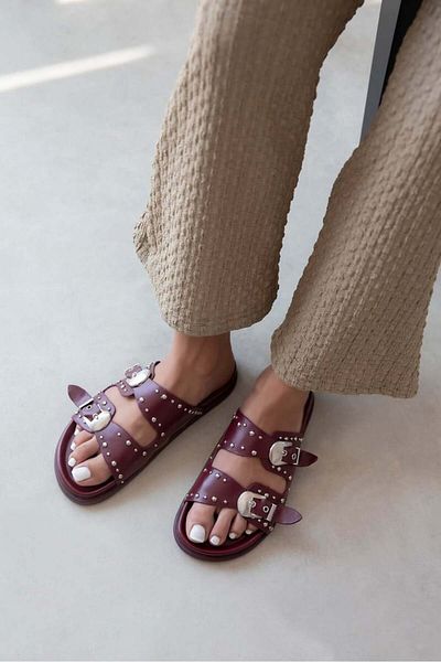 STRASWANS Gavi Women's Drop Detail Daily Comfort Leather Slippers Claret Red