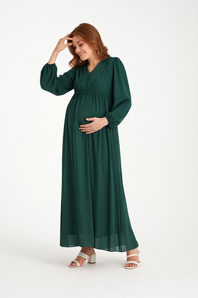KATLİN MATERNİTY WEAR فستان شيفون للحمل - دانتيل الخصر وتفاصيل أزرار (للرضاعة)