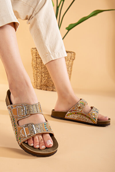 Polomia Comfort Bloom Women's Orthopedic Eva Sole Daily Slippers Double Banded Buckle Diamond Embroidered