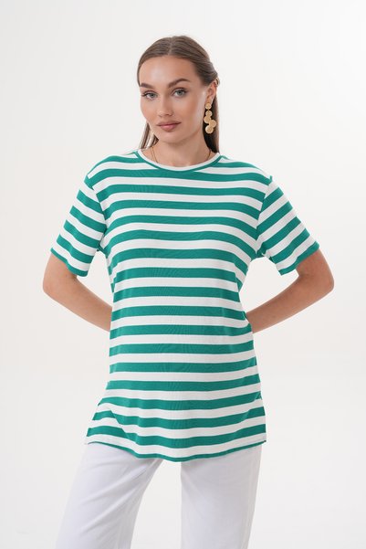 Miss Dünya Lissa Crew Neck Short Sleeve Striped Maternity and Maternity T-Shirt