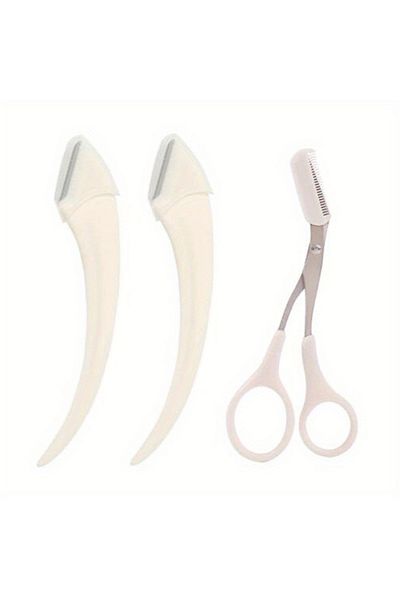 Choice 3pcs White Eyebrow Trimmer Set, Curved Eyebrow Razor, Eyebrow Scissors With Comb, Convenient Easy Be
