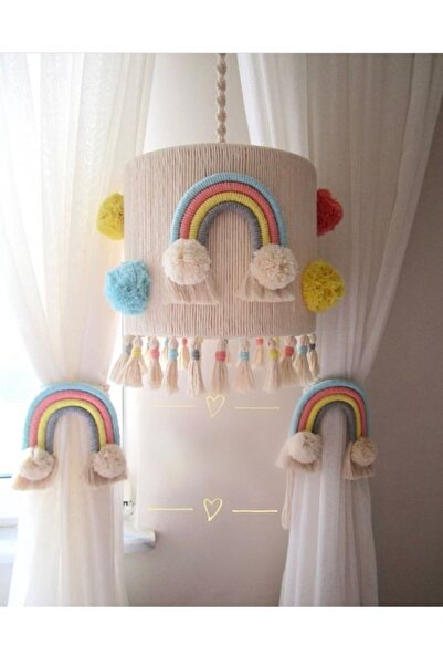 Tasarı Sanatı Bebek / Çocuk Odası Özel Tasarım Gökkuşaklı Makrome Avize Ve Perde Bağı