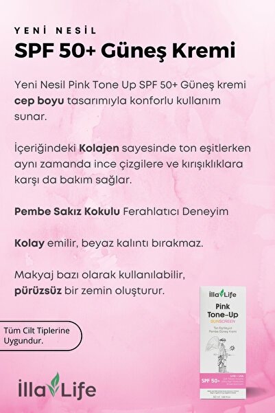 İlla Life Yeni Nesil Sakız Kokulu Pembe Renkli +50SPF Kolajenli Pembe Alt Tonlu Cep Boyu Yüz Güneş Kremi