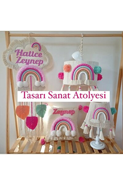 Tasarı Sanatı Bebek Çocuk Odası Avize Abajur(AHŞAPTIR) Yastık Kılıfı (AHŞAPTIR)kapı Süsü 4'lü Set
