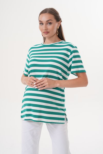 Miss Dünya Lissa Crew Neck Short Sleeve Striped Maternity and Maternity T-Shirt