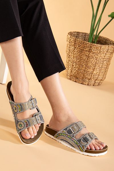 Polomia Comfort Bloom Women's Orthopedic Eva Sole Daily Slippers Double Banded Buckle Diamond Embroidered
