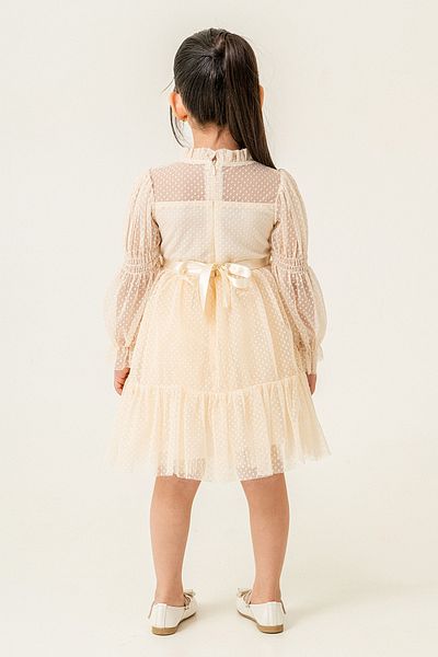 Eray Kids Girl's Evening Dress, Polka Dot Lace Gathered Cream, Bow Detail on the Back, 3-6 Years Old
