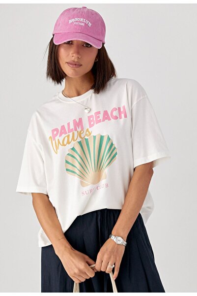 CADDELAMODA Γυναικείο μπλουζάκι με στάμπα Palm Beac Oversize