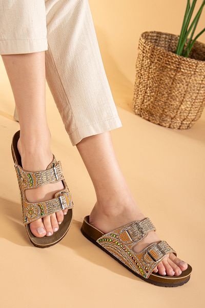 Polomia Comfort Bloom Women's Orthopedic Eva Sole Daily Slippers Double Banded Buckle Diamond Embroidered