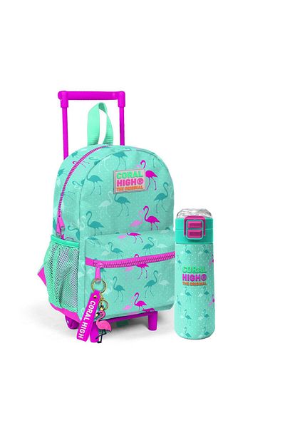 Coral High Kıds Water Green Flamingo Patterned Kindergarten Bag Set with Two Compartments and Squeegee