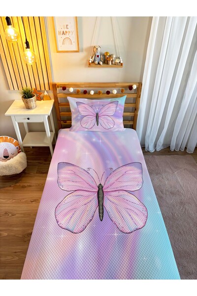 Evmila Kelebek Desenli Bebek ve Çocuk Baskılı Tek Kişilik Pike Takımı 160x230 Pembe
