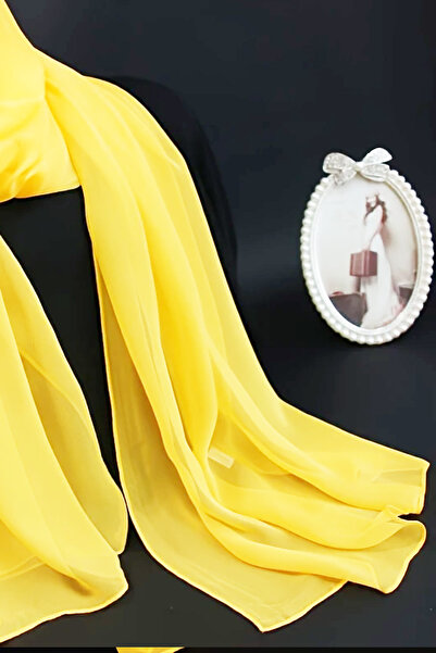 michaeller Fular Sarı Düz Renk Şifon Şal 28x148 cm ipek Görünümlü Eşarp ve Ba...