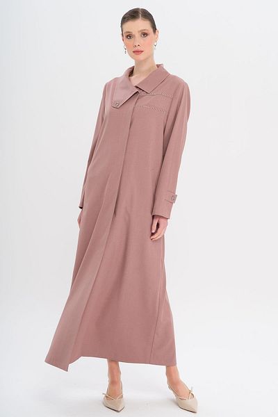 Olcay Handkerchief Collar Pattern and Stone Detailed Unlined Large Size Top Coat Dried Rose 6714