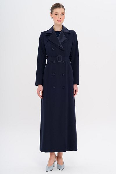 Olcay Satin Garnished Double Collar Lined Overcoat Dark Blue 6752