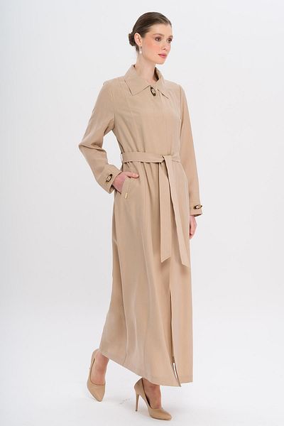 Olcay Shirt Collar Accessory Detailed Unlined Modal Large Size Top Coat Bej 6745