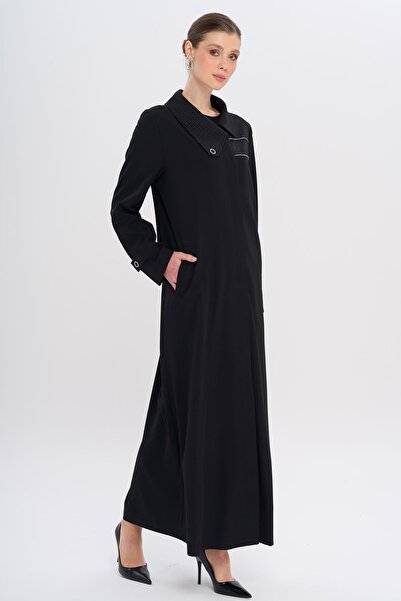 Olcay Handkerchief Collar Pattern and Stone Detailed Unlined Large Size Top Coat Black 6714