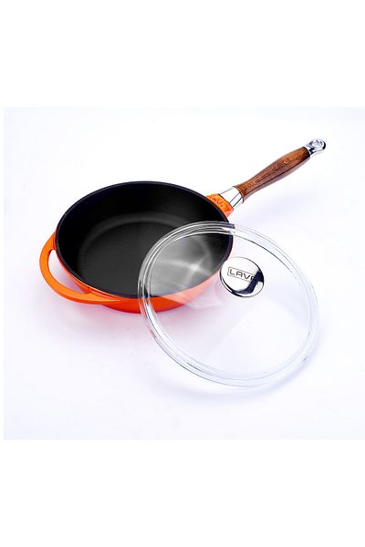 Lava Cast Round Frying Pan with Glass Lid Cast Iron Disassemble - Plug Wooden Handle Diameter (Ø)24cm