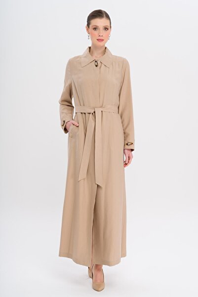 Olcay Shirt Collar Accessory Detailed Unlined Modal Large Size Top Coat Bej 6745