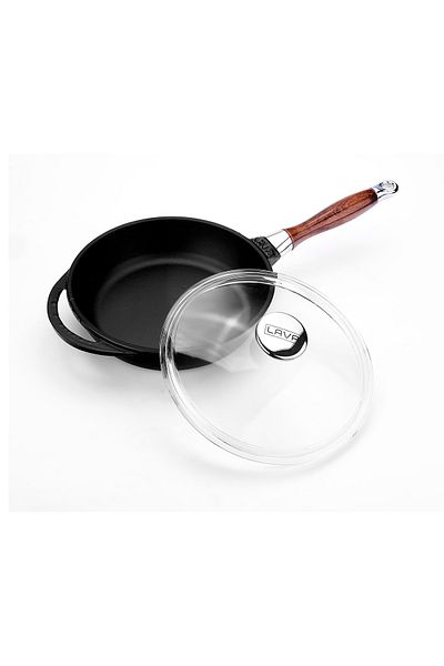 Lava 24cm Cast Round Frying Pan - Plug Wooden Handle with Glass Lid and Iron Sock