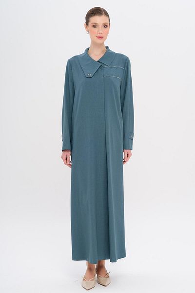 Olcay Handkerchief Collar Pattern and Stone Detailed Unlined Large Size Top Coat Mi̇nt 6714
