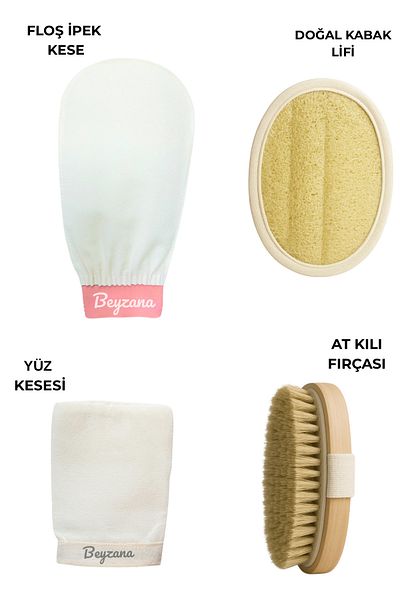 BEYZANA 4-Piece Premium Skin Care Set Natural Horsehair Loofah Scrub and Silk Fluff Face and Body Scrub