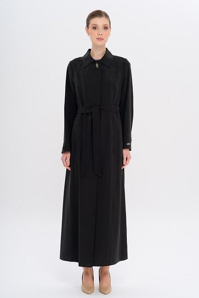 Olcay Shirt Collar Accessory Detailed Unlined Modal Large Size Top Coat Black 6745