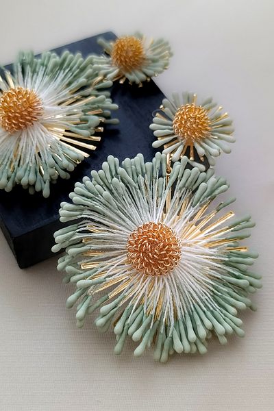 COSİTA Green Gold Summer Dress Combination Large Size Flower Figure Tassel Salad Earrings