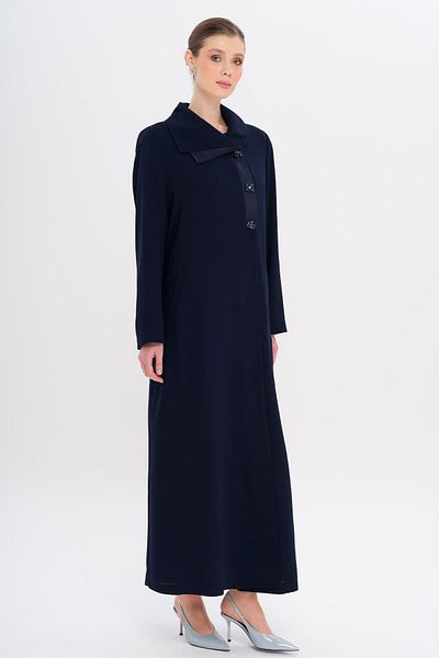 Olcay Satin Garnished Buttons Lined with Stones Large Size Top Coat Dark Blue 6719