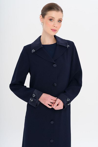 Olcay Top Collar Satin Garnished Stone Accessory Lined Large Size Top Coat Dark Blue 6718