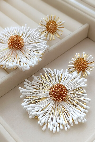 COSİTA White Gold Summer Dress Combination Large Size Flower Figure Tassel Salad Earrings