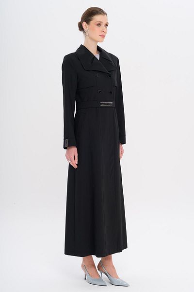 Olcay Handkerchief Collar Stone and Bead Detailed Lined Overcoat Black 6753
