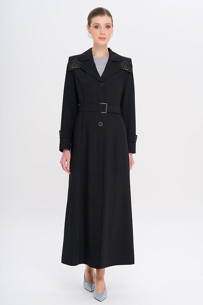 Olcay Cape and Sleeve Mouth Stone Detailed Lined Top Coat Black 6746