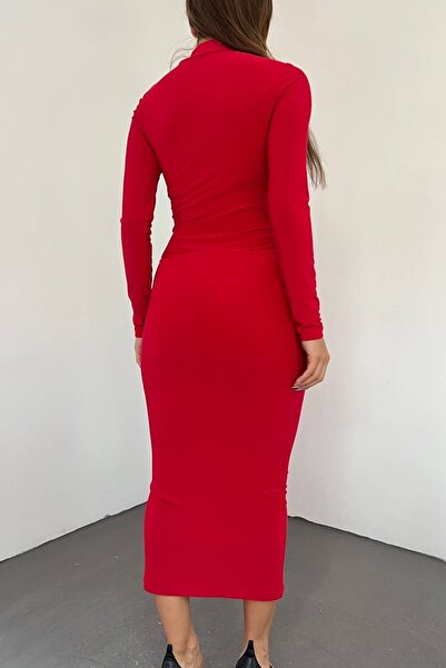 lovebox Rugalmas homokos szövet tüll mélyen dekoltált részletes, magas gallérral hosszú ujjú Midi hosszúságú piros ceruza ruha 10957